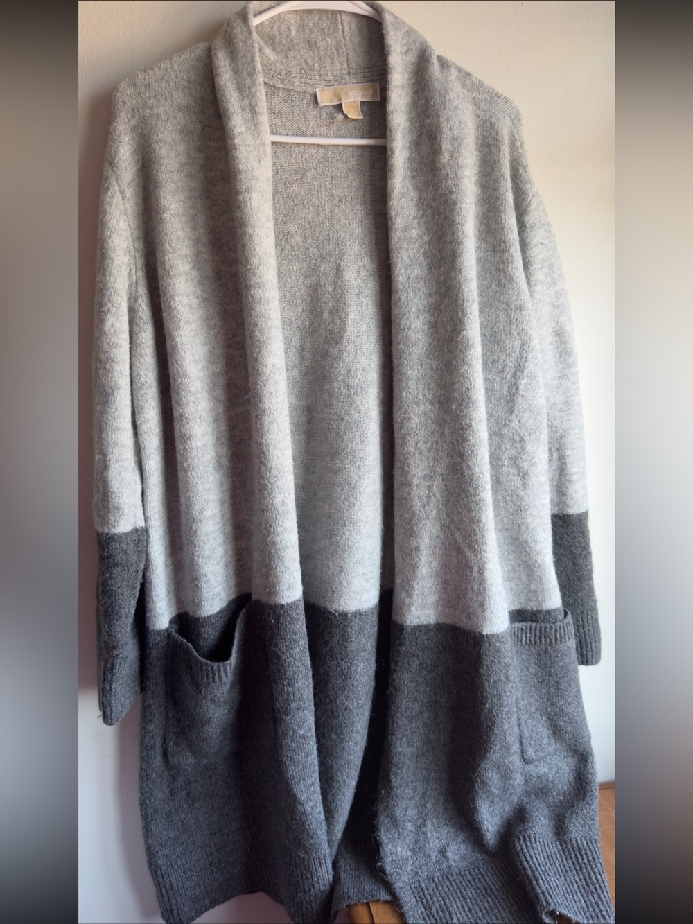 MICHAEL Michael Kors Two-Tone Light Gray and Dark Gray Open Maxi Cardigan